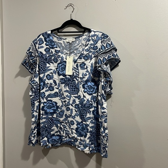 Rachel Zoe VNeck Ruffle Sleeve Blue Pineapple Floral Women's Top NWT 2X - Picture 3 of 10